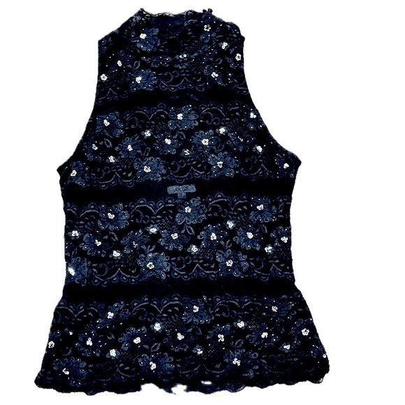 👚🖤 CACHE Black Lace Mock Neck Top | Women’s L |‎ Vintage Lined Sleeveless Glam - Picture 1 of 5